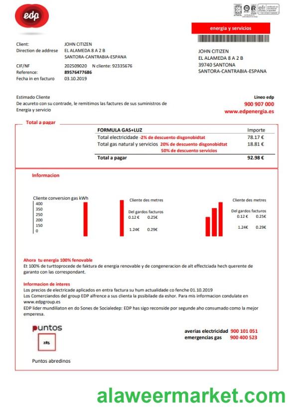 Spain EDP Energia utility bill template in Word and PDF format